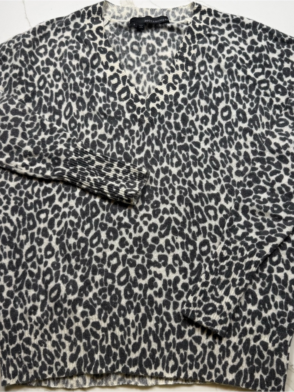 360 Cashmere Women’s Leopard Print V-Neck Sweater in Gray and Cream